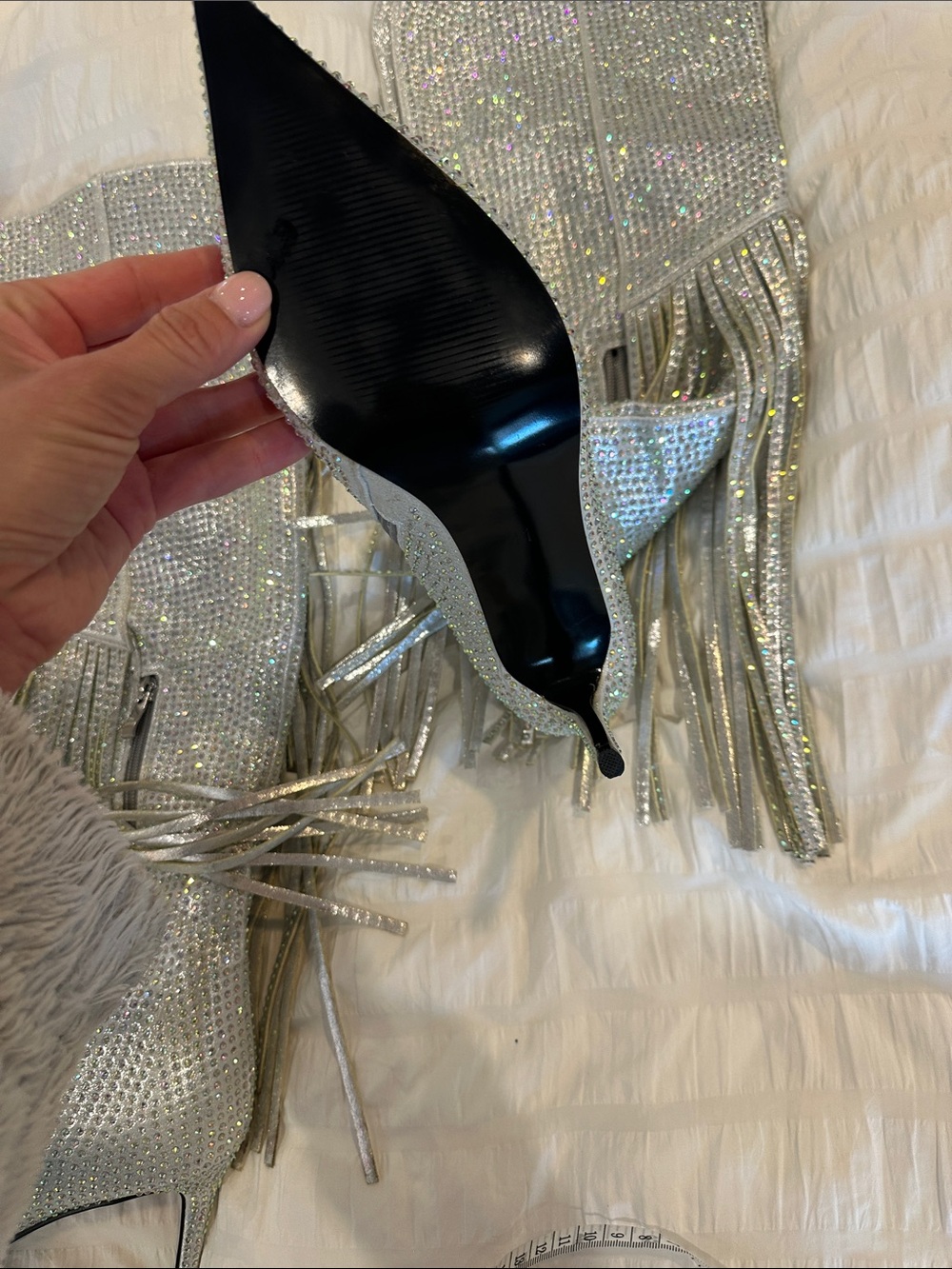 Silver Rhinestone Fringe high Stiletto Boots - Picture 7 of 9